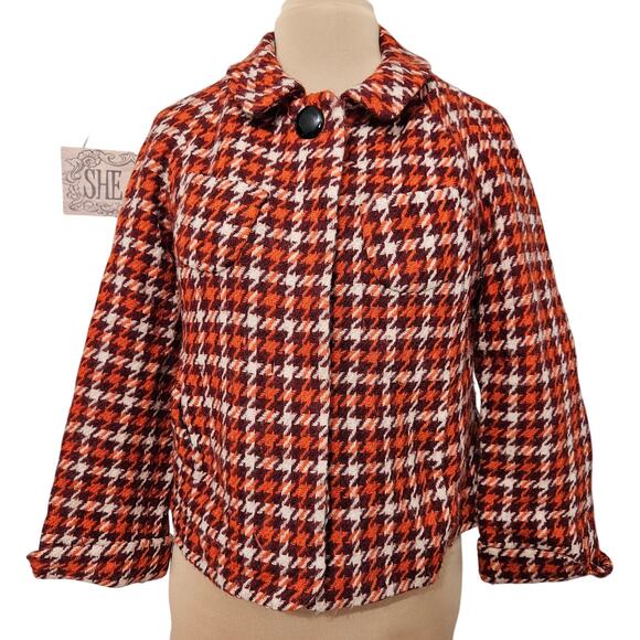 Banana Republic Wool Blend Houndstooth Jacket Medium Orange Red Winter Blazer - Picture 1 of 15